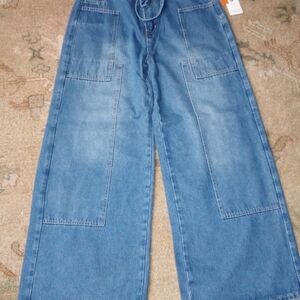 American Bazi Women's Patchwork Wide-Leg Denim Pants, Color: Blue, Size: Medium